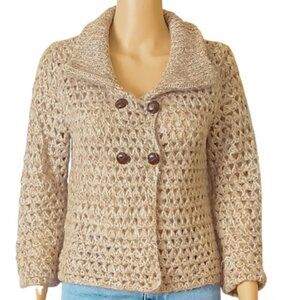 Tan Double Breast Cardigan Sweater L Collared Loose Knit Wool Blend 3/4 Sleeve